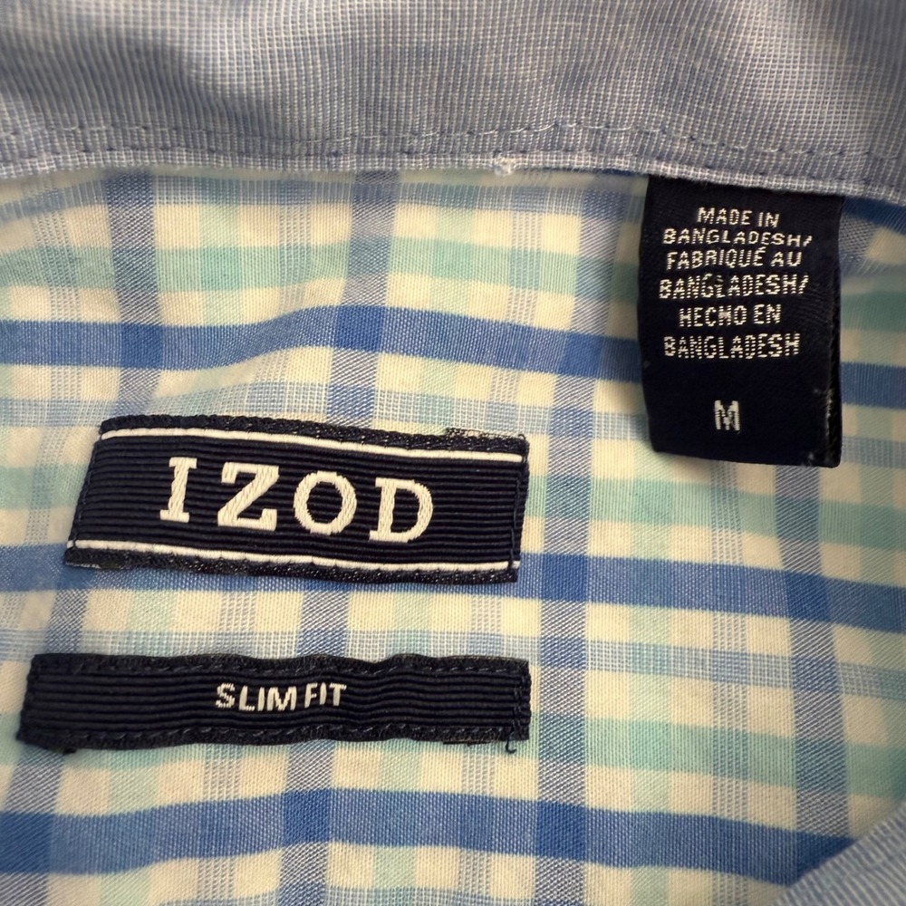 IZOD Mens Slim Fit Plaid Button Down Shirt Blue Teal White Cotton Size M - Picture 2 of 7